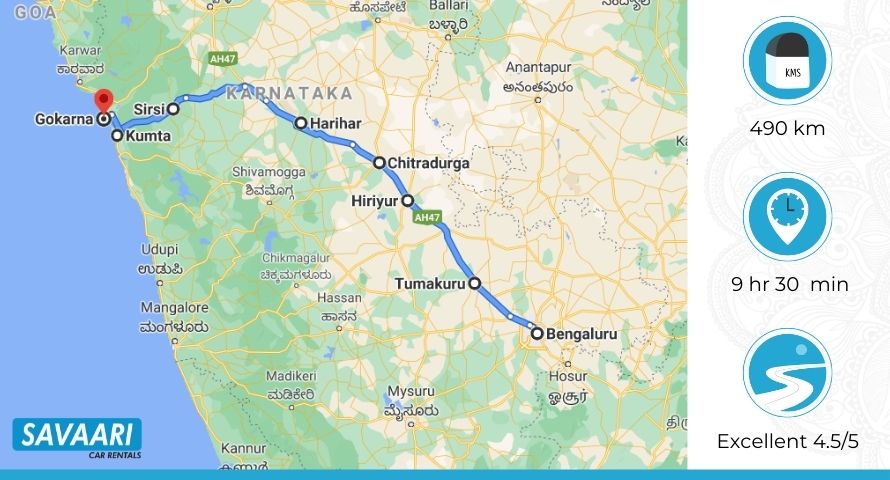 Bangalore to Gokarna distance via Chitradurga