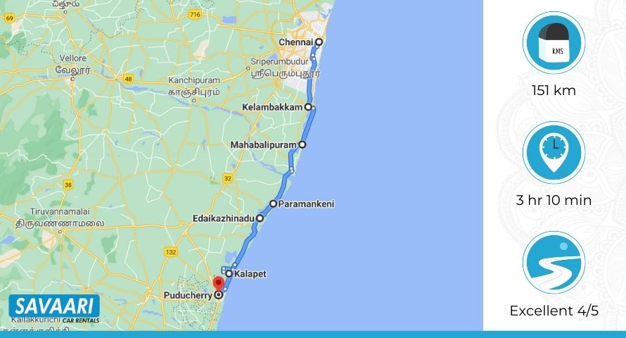 Chennai to Pondicherry Map