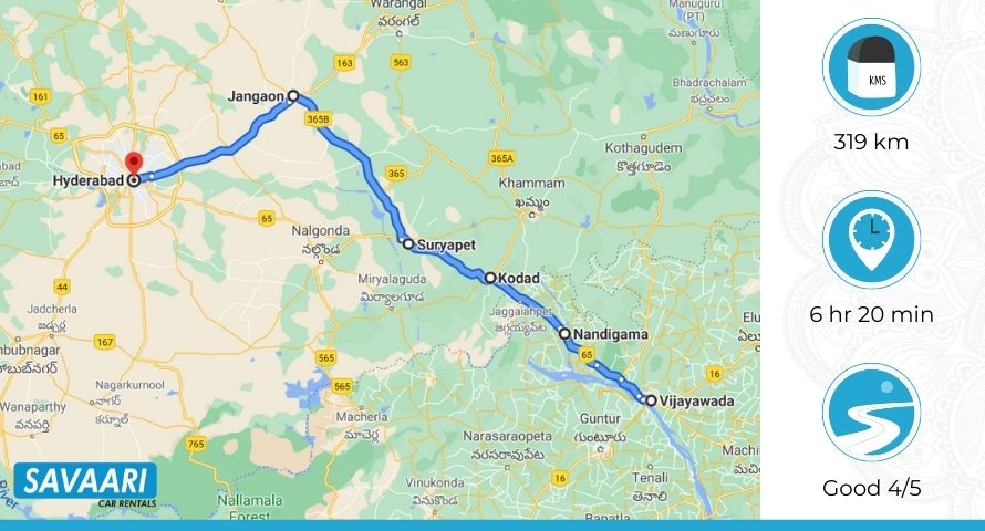Vijayawada to Hyderabad distance Via - NH 65 & NH 365B