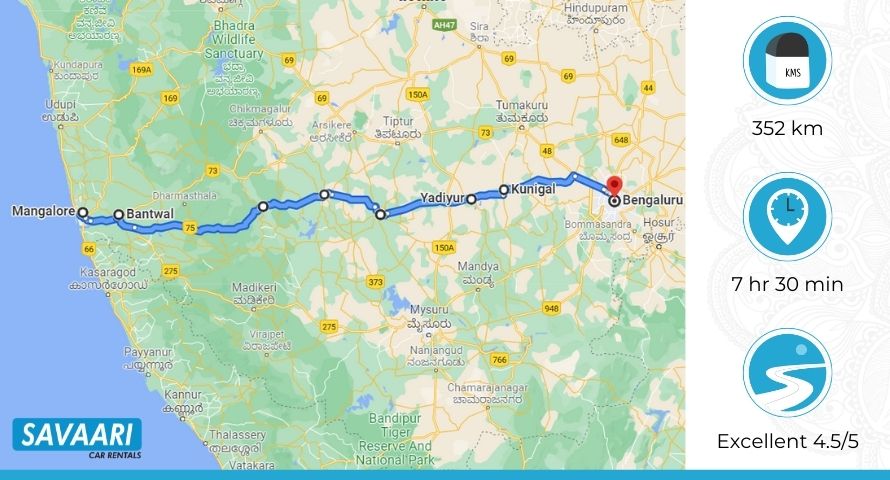 Mangalore to Bangalore by Road Map