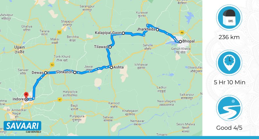 Bhopal to Indore via Indore – Bhopal Road and MP SH 41