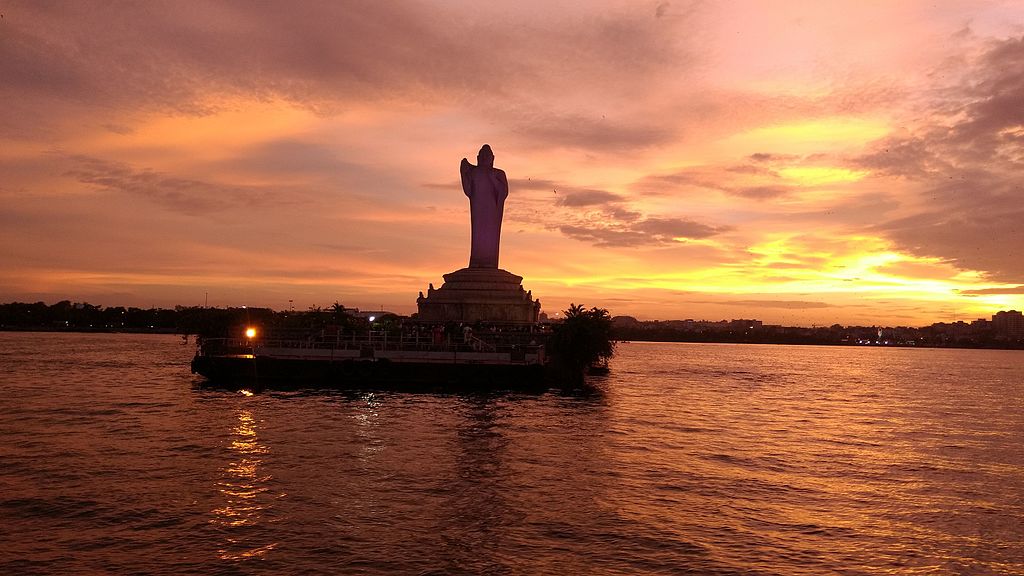The famous Buddha Statue in the centre of Hussain Sagar Lake. 