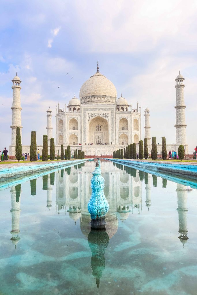 The view of the Taj Mahal from the entrance fountain. 