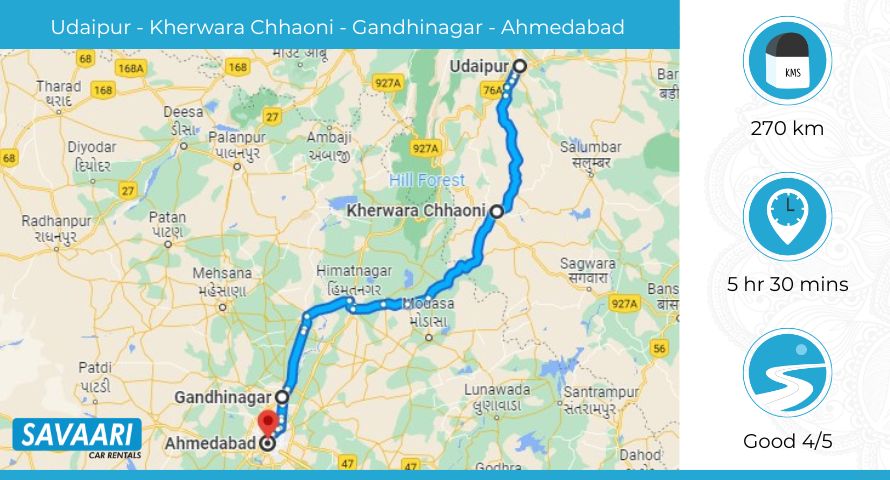 Udaipur to Ahmedabad via Gandhinagar – Vijapur Rd and NH 48