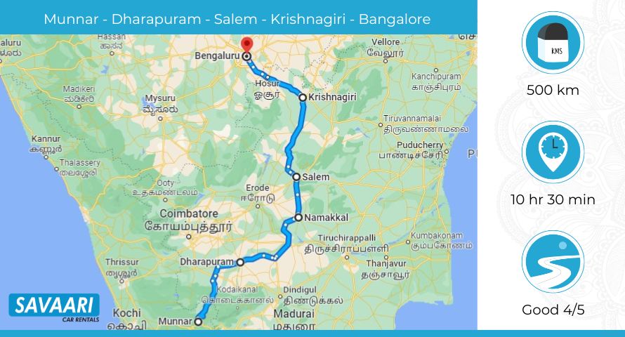 Munnar to Bangalore via NH 44 & Darapuram Road