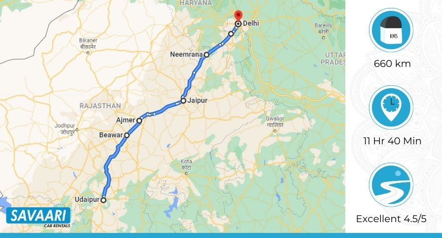 Udaipur to Delhi Distance via NH 58 & NH 48