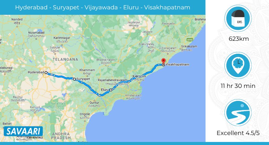 Hyderabad to Visakhapatnam via NH 65 and NH 16