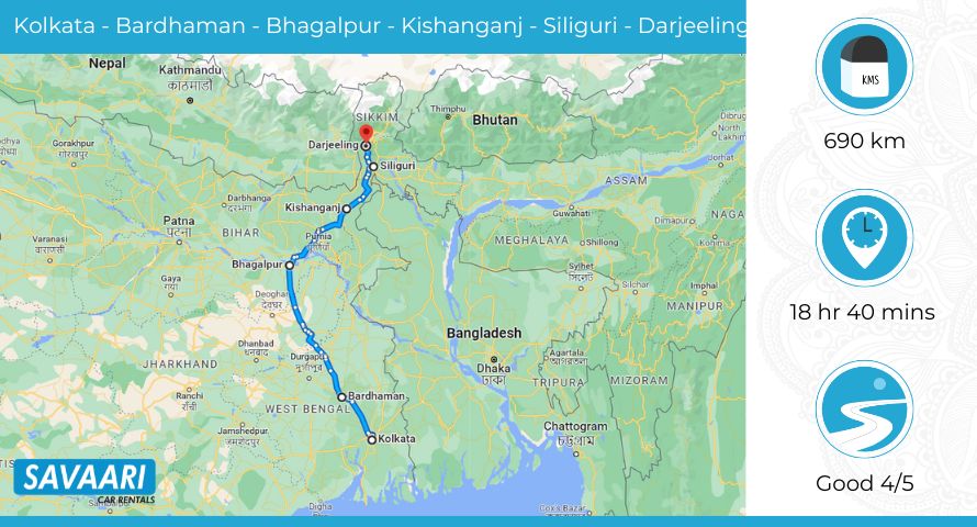 Kolkata to Darjeeling via NH 19, NH 12, and NH 27
