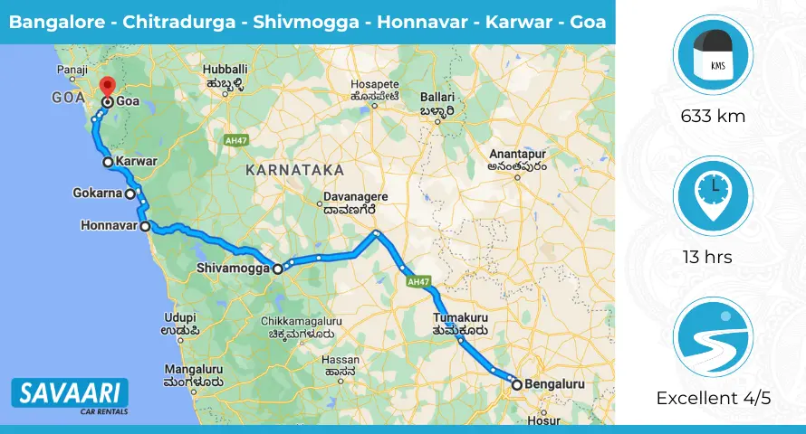 Bangalore to Goa via NH 48 NH 48 and Shivamogga - Chitradurga Rd